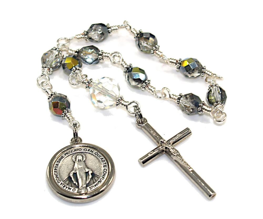 Handmade One Decade Rosary AB Crystal Beads Miraculous Medal Cross